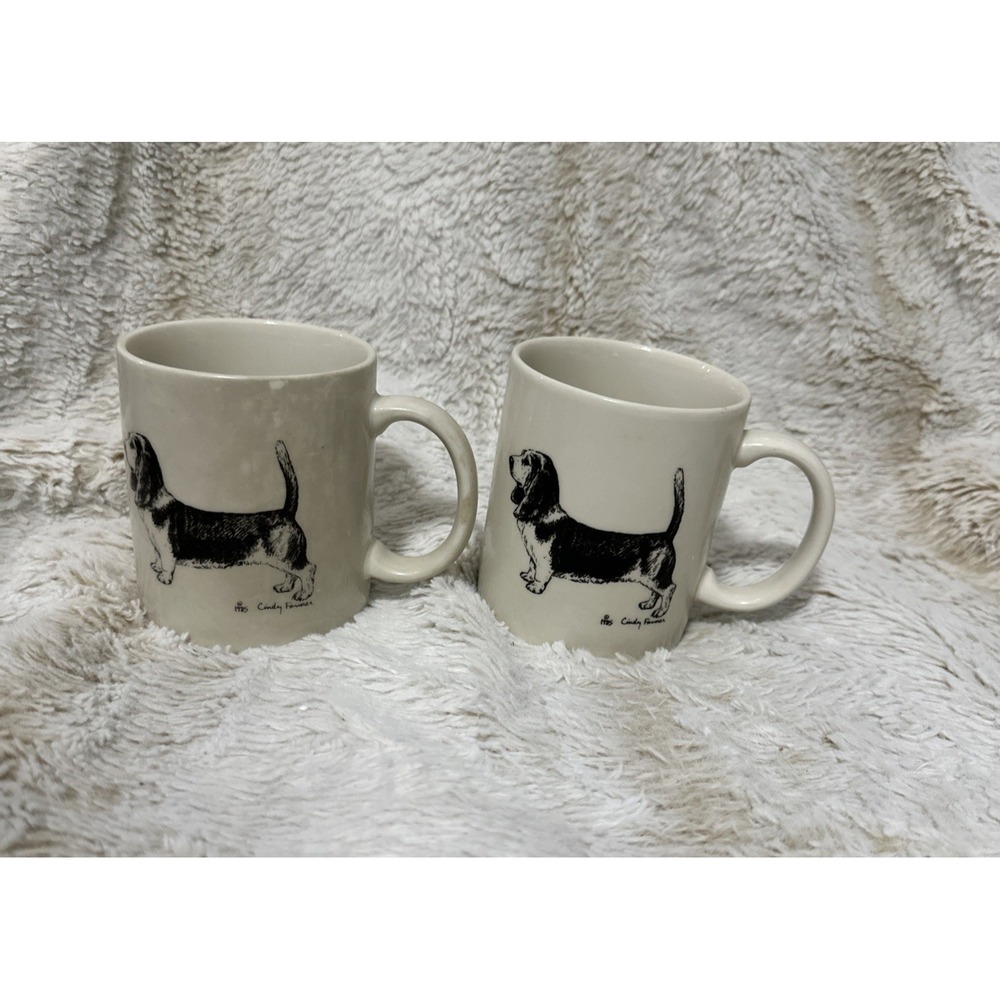 VTG 1985 Cindy Farmer Illustrated Basset‎ Hound Coffee Cup - Set of 2